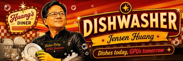 DISHWASHER DENNY'S banner — Jensen Huang dishwashing at Huang's Diner